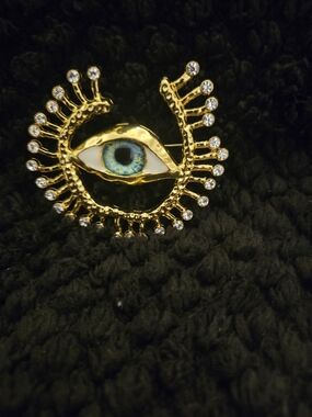 Schiaparelli Inspired Gold-tone Blue Eye Brooch with Crystal Accents